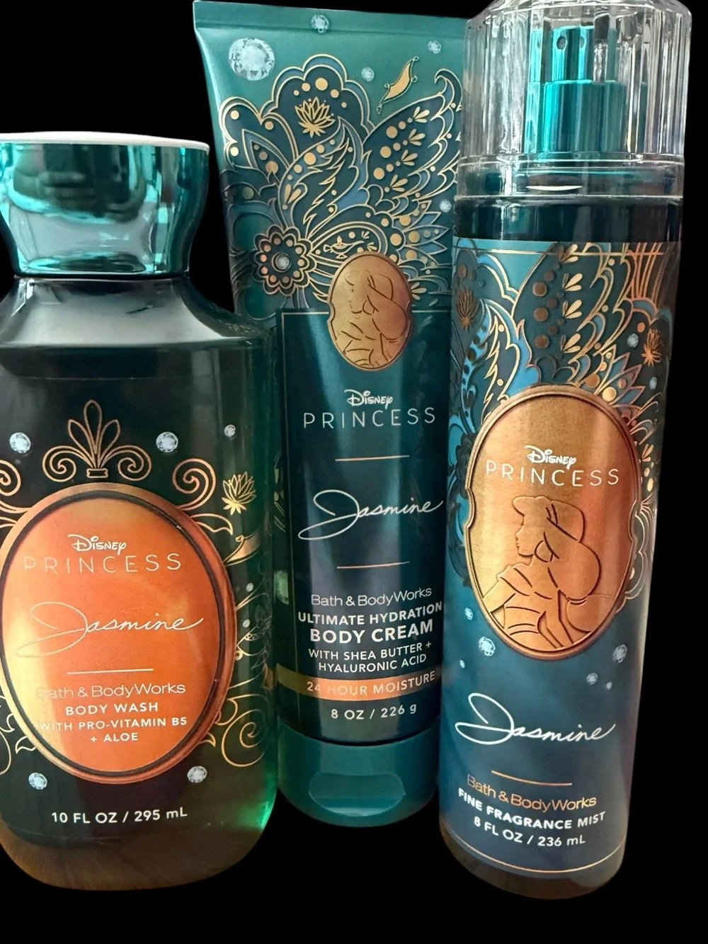 Bath & Body Works Jasmine Body Wash & Lip Gloss Teal & Gold accents 4 piece set